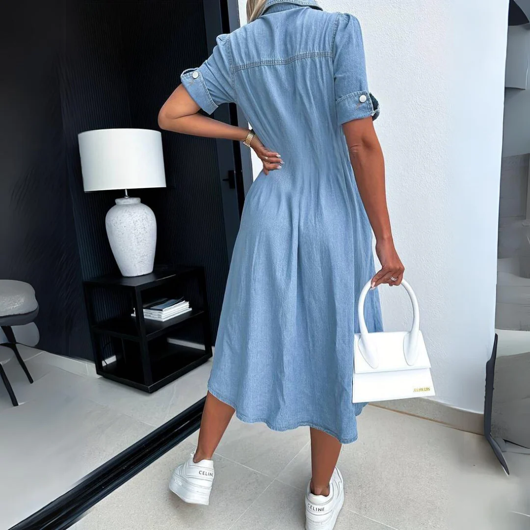 Jade | Women's Denim Button-Up Midi Dress Short Sleeve - Image 5