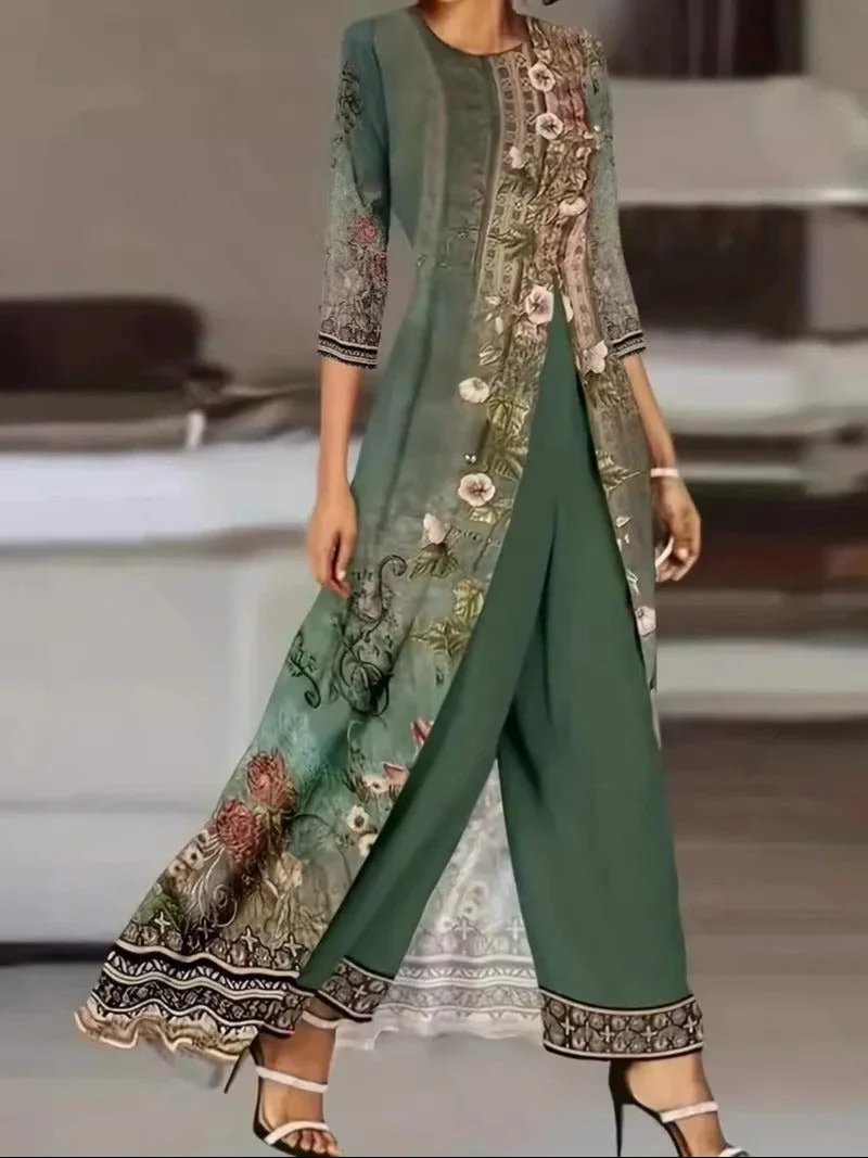 Jade | Women's Floral Print Two-Piece Set Long Top & Wide Leg Pants