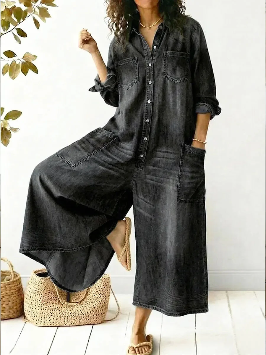 Jeen | Women's Jumpsuit Long Sleeve Button Front Wide Leg - Image 2