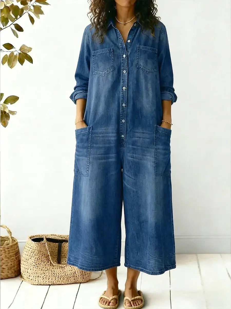 Jeen | Women's Jumpsuit Long Sleeve Button Front Wide Leg - Image 3