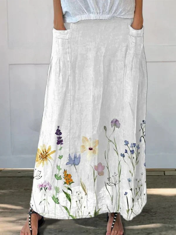 Kisha™ | Watercolor Spring Meadows Art Printed Elastic waistband Pocket Skirt