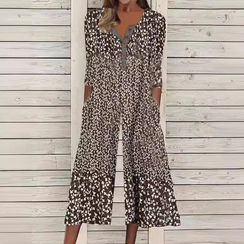 Lagoon | Women's Leaf Print V-Neck Short Sleeve Wide Leg Jumpsuit - Image 4