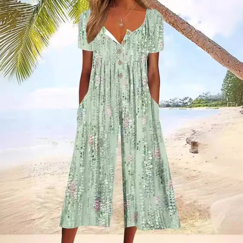 Lagoon | Women's Leaf Print V-Neck Short Sleeve Wide Leg Jumpsuit - Image 5