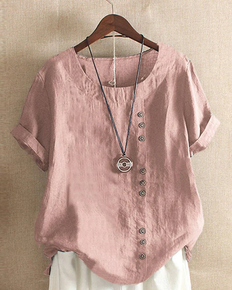 Linen | Women's Button Front Crew Neck Short Sleeve Casual Top