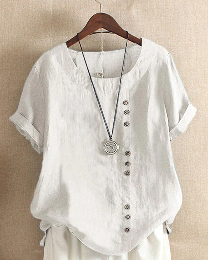 Linen | Women's Button Front Crew Neck Short Sleeve Casual Top - Image 2