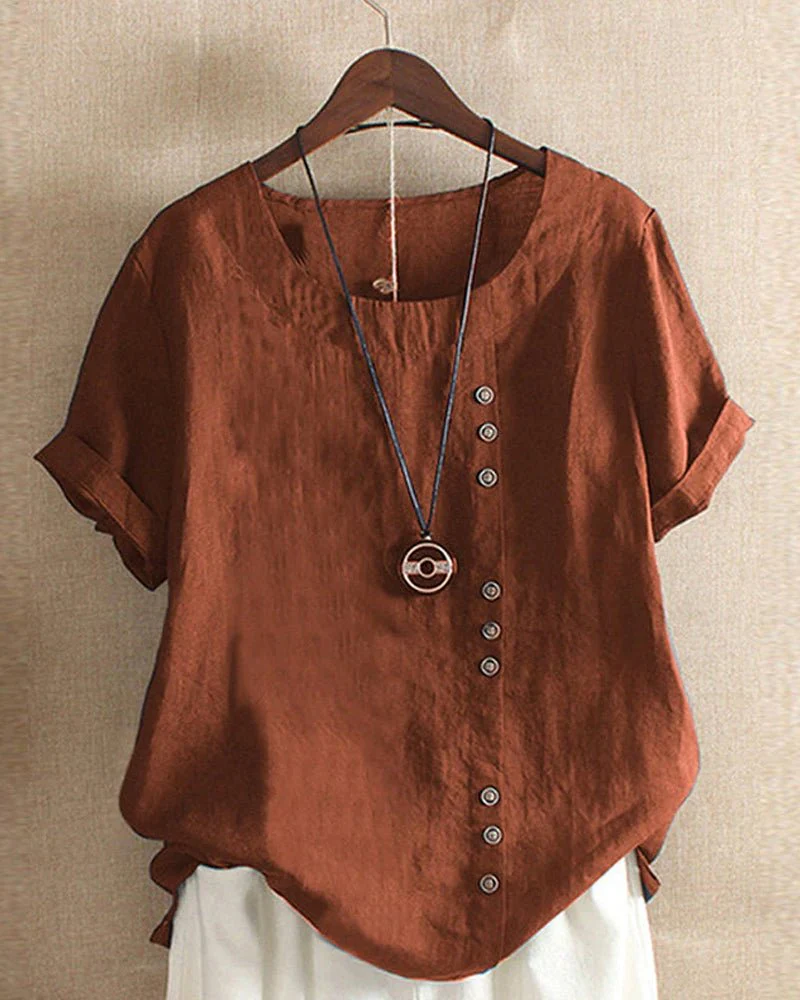 Linen | Women's Button Front Crew Neck Short Sleeve Casual Top - Image 3