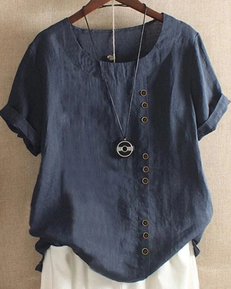 Linen | Women's Button Front Crew Neck Short Sleeve Casual Top - Image 4