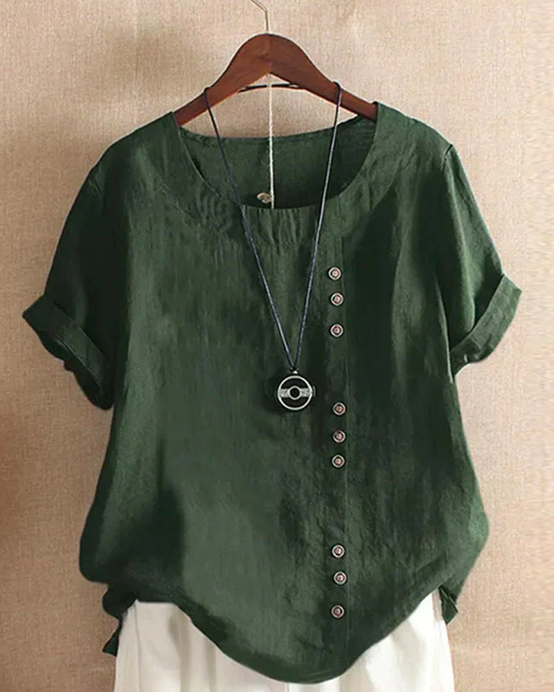 Linen | Women's Button Front Crew Neck Short Sleeve Casual Top - Image 5