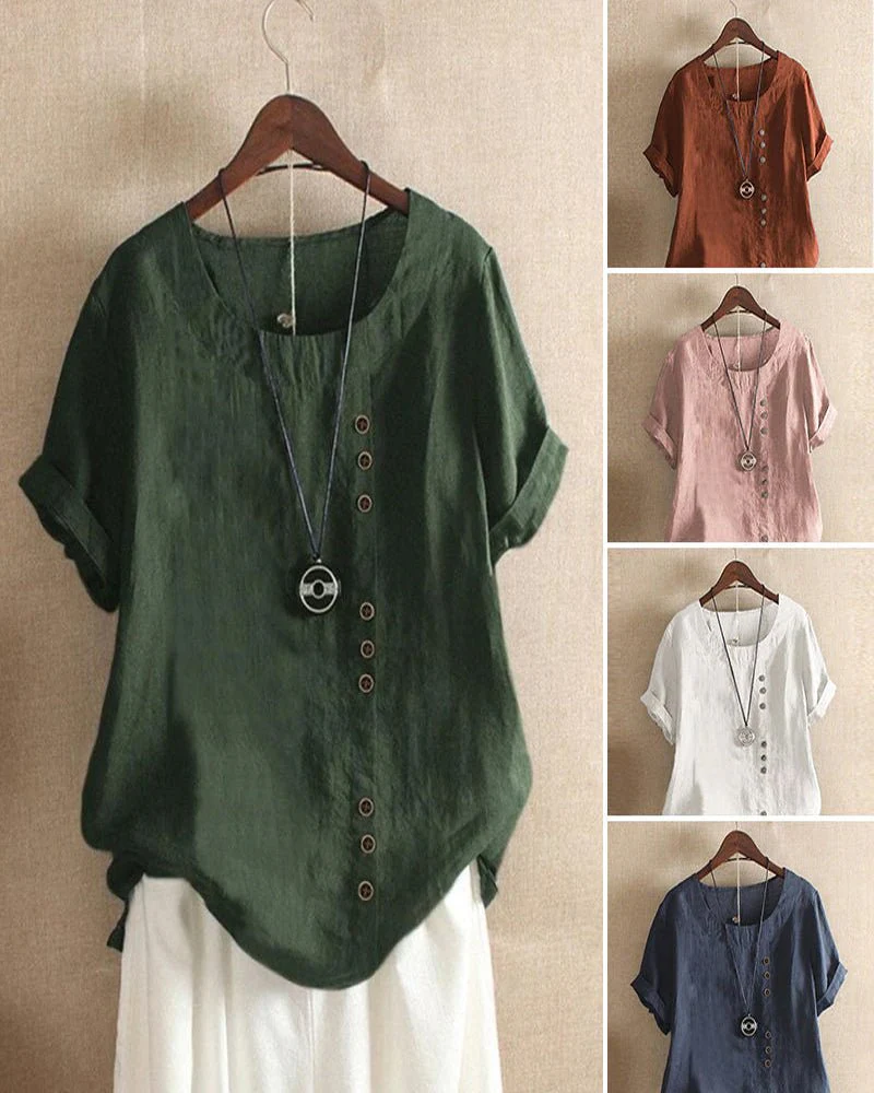 Linen | Women's Button Front Crew Neck Short Sleeve Casual Top - Image 7
