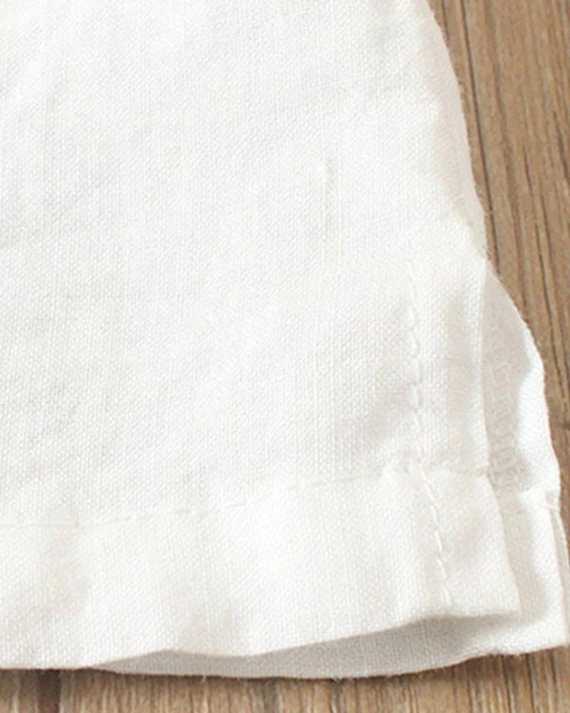 Linen | Women's Button Front Crew Neck Short Sleeve Casual Top - Image 8
