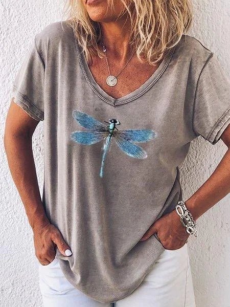 Luna | Women's Dragonfly Print V-Neck Short Sleeve Casual Tee - Image 3