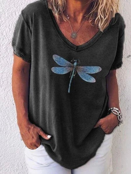 Luna | Women's Dragonfly Print V-Neck Short Sleeve Casual Tee - Image 5