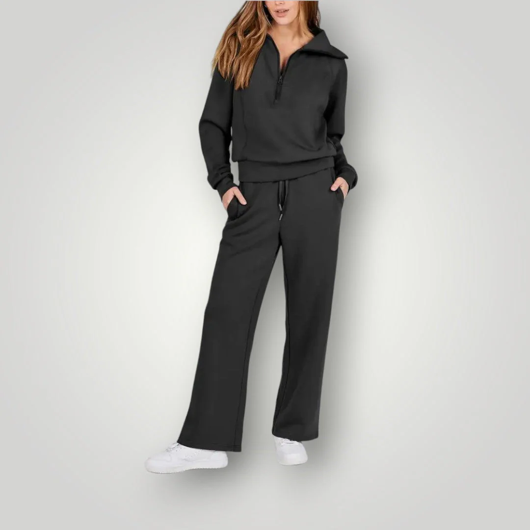 Luna | Women's Loungewear Set Half Zip Sweatshirt Wide Leg Pants - Image 3