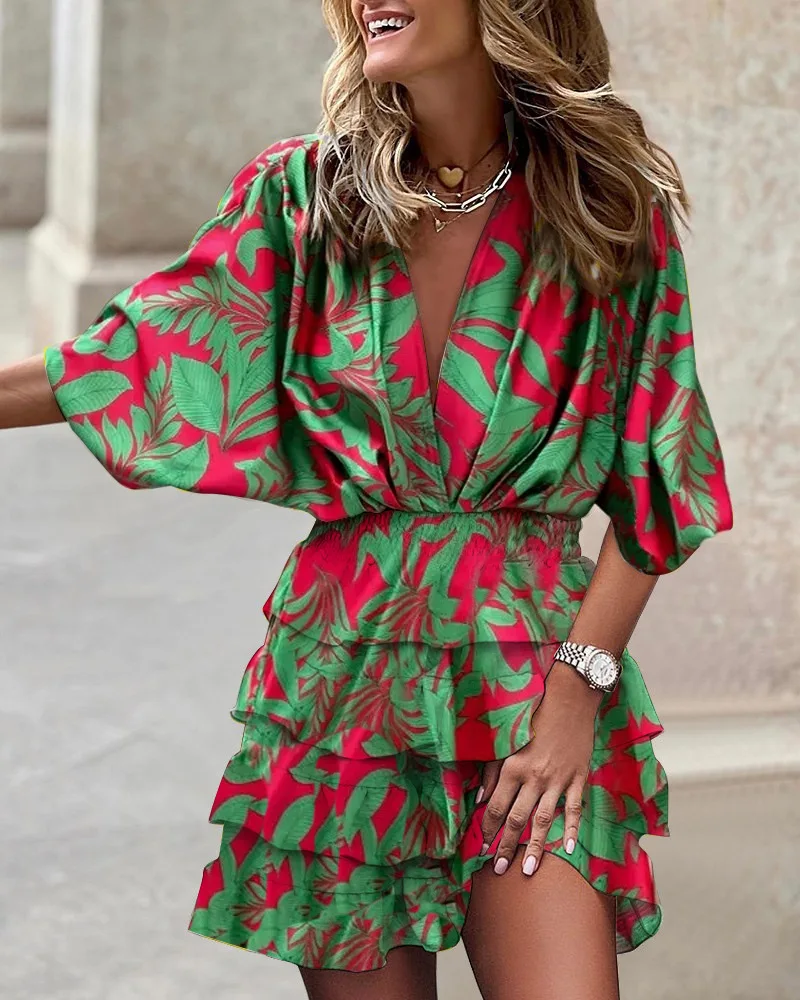 Luna | Women's Printed Ruffle Mini Dress V-Neck Smocked Waist Boho Dress - Image 2
