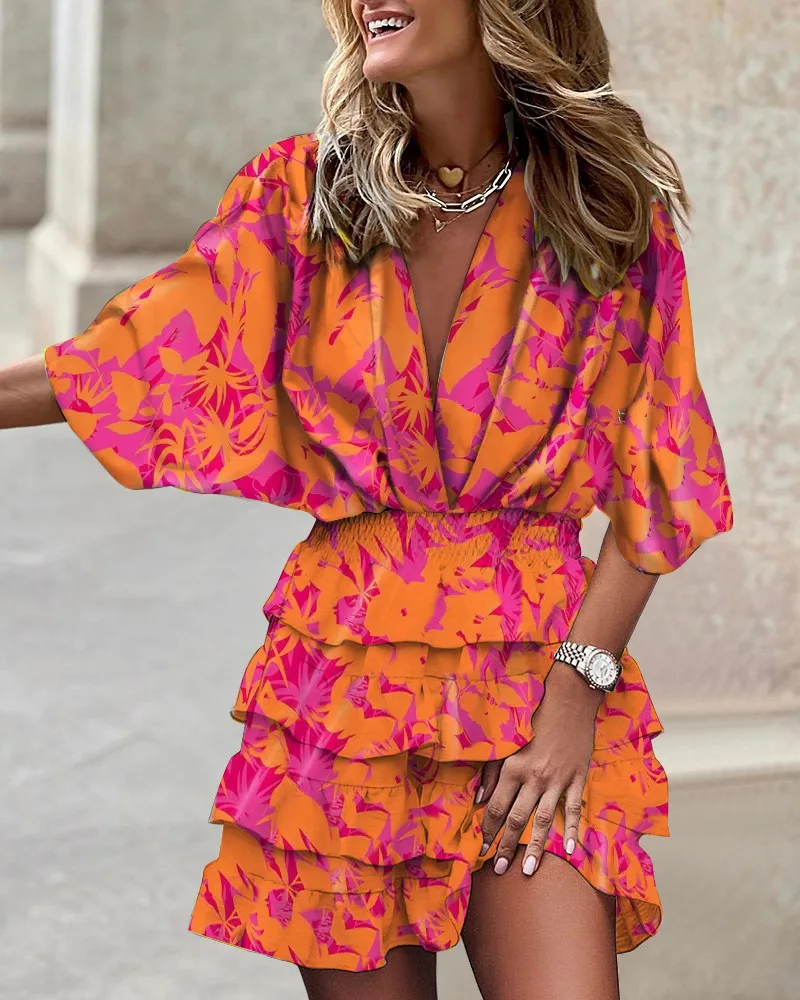 Luna | Women's Printed Ruffle Mini Dress V-Neck Smocked Waist Boho Dress - Image 4