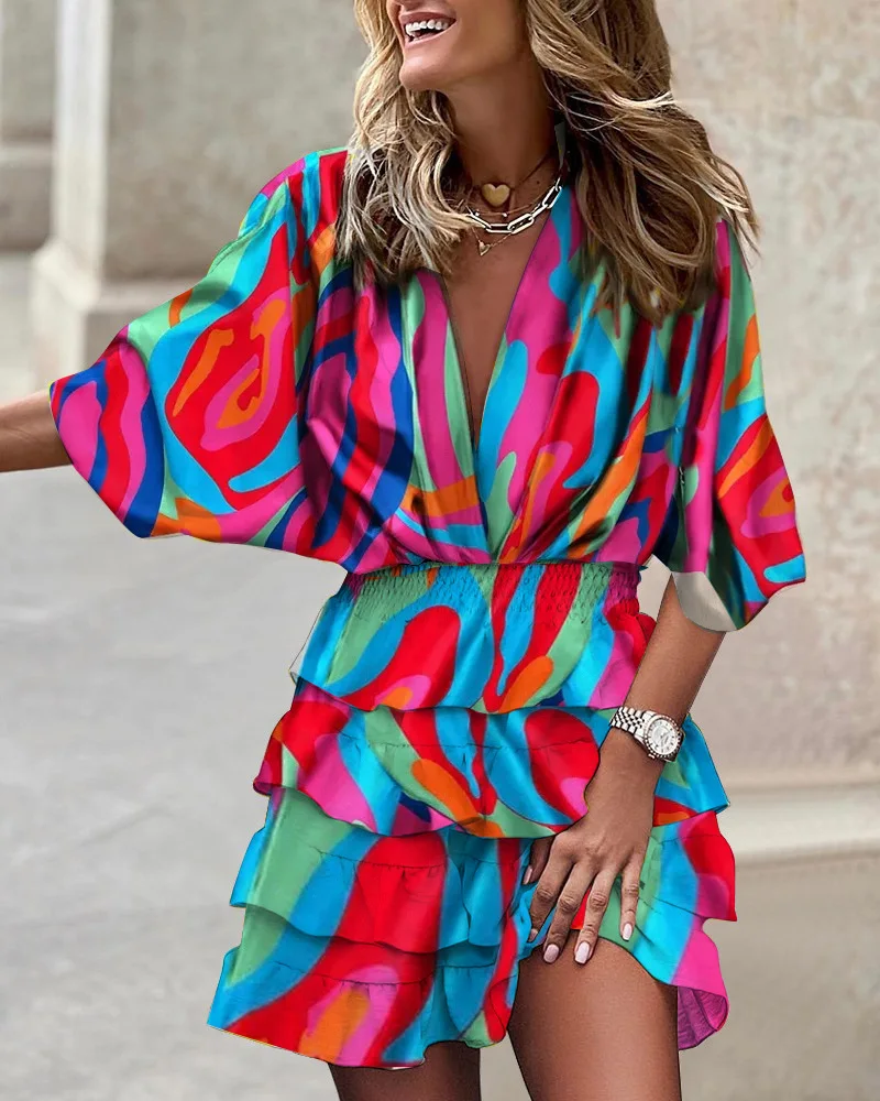 Luna | Women's Printed Ruffle Mini Dress V-Neck Smocked Waist Boho Dress - Image 5
