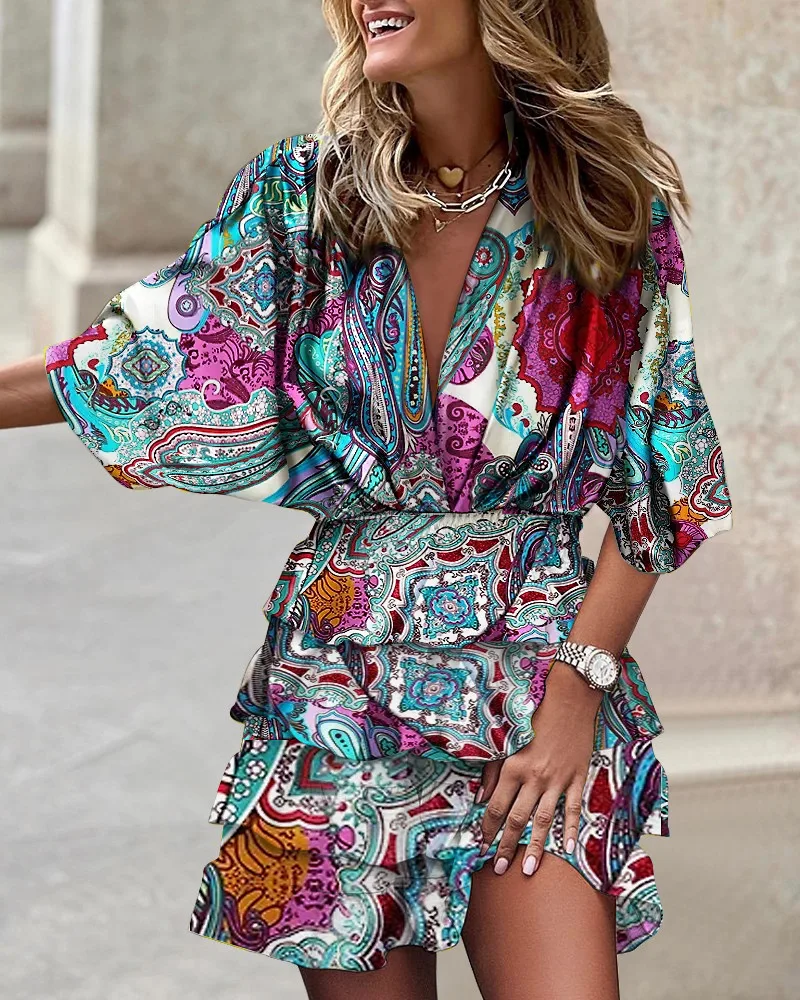 Luna | Women's Printed Ruffle Mini Dress V-Neck Smocked Waist Boho Dress - Image 6