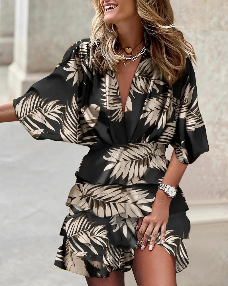 Luna | Women's Printed Ruffle Mini Dress V-Neck Smocked Waist Boho Dress - Image 7