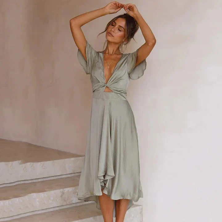 Luna | Women's Satin Midi Dress Deep V-Neck Tie Front Flutter Sleeve - Image 2