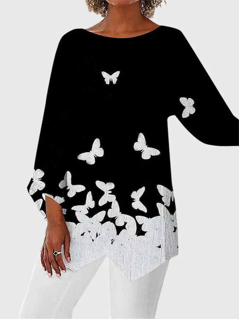 Lyanna | Women's Butterfly Print Asymmetric Hem Top - Image 5