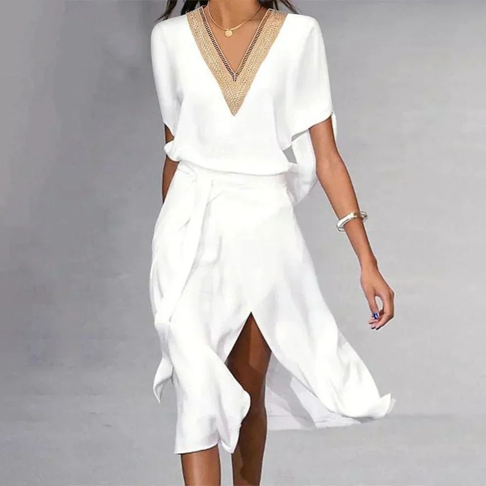 Lyra | Women's White Midi Dress V-Neck Gold Trim Short Sleeve - Image 2