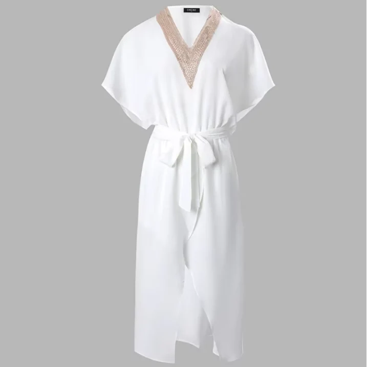 Lyra | Women's White Midi Dress V-Neck Gold Trim Short Sleeve - Image 3