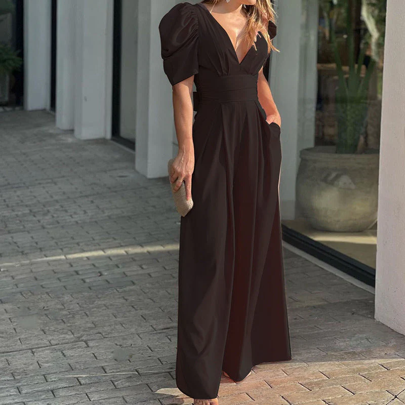Marigold | Women's V-Neck Puff Sleeve Wide Leg Jumpsuit - Image 2