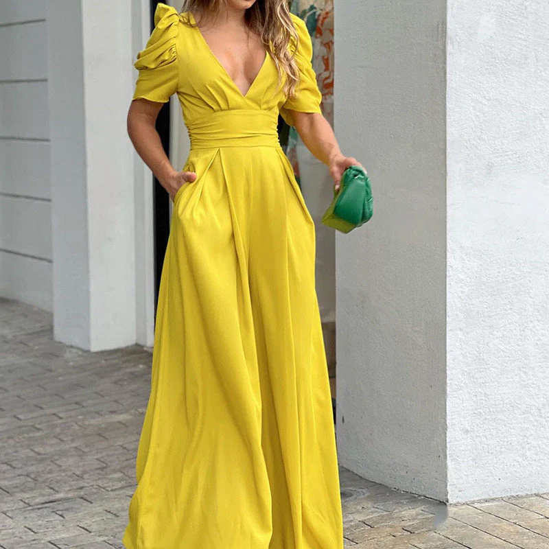 Marigold | Women's V-Neck Puff Sleeve Wide Leg Jumpsuit - Image 3