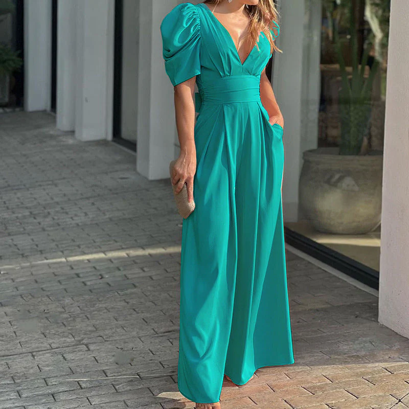 Marigold | Women's V-Neck Puff Sleeve Wide Leg Jumpsuit - Image 4