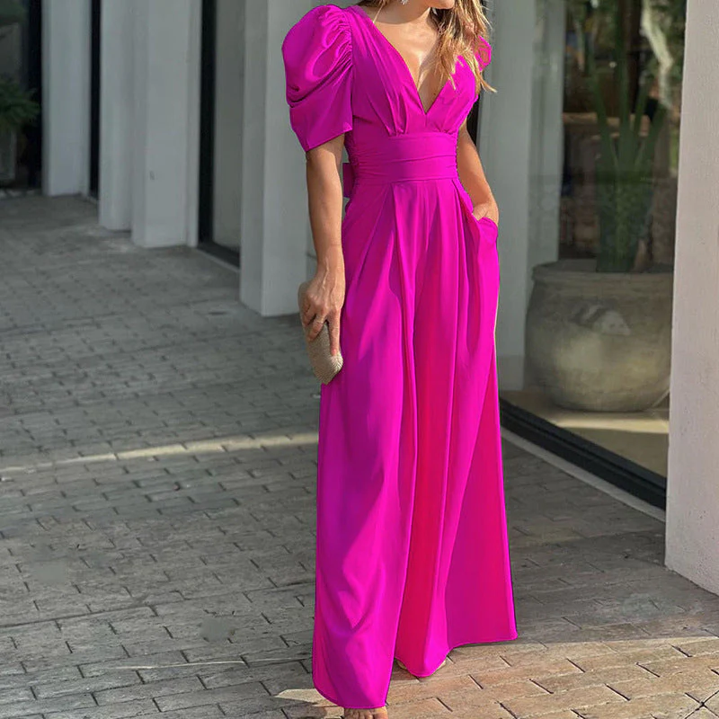 Marigold | Women's V-Neck Puff Sleeve Wide Leg Jumpsuit - Image 5