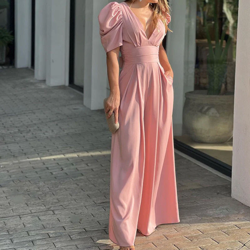 Marigold | Women's V-Neck Puff Sleeve Wide Leg Jumpsuit - Image 6