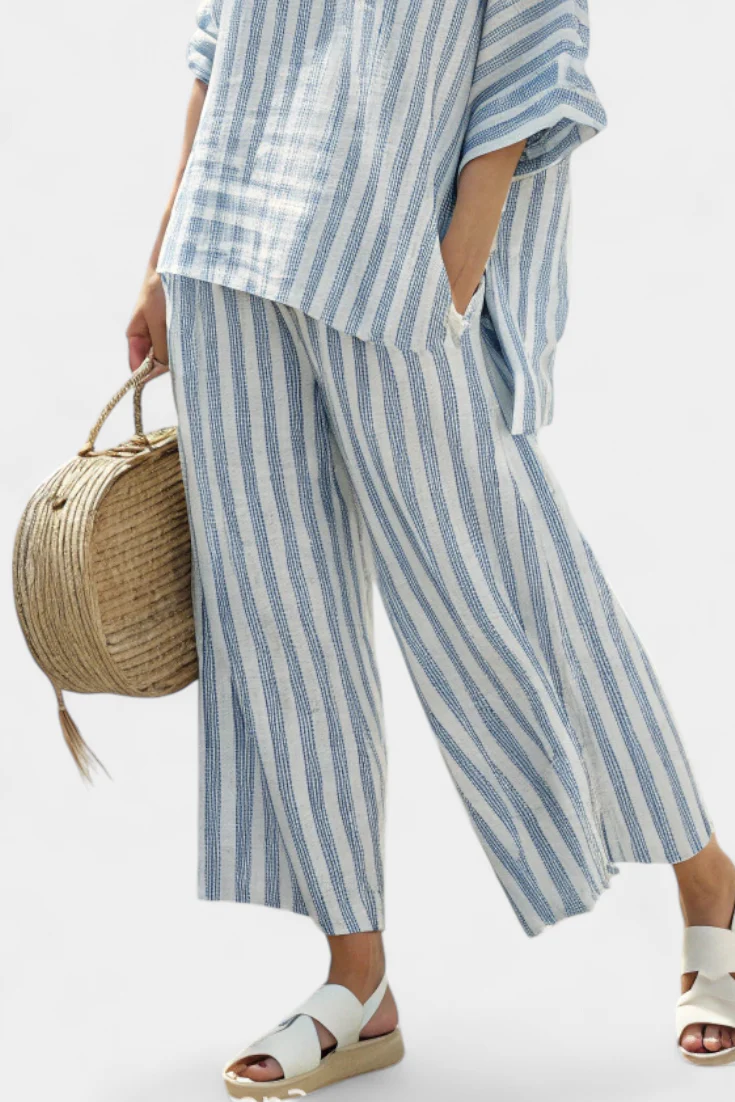 Marina | Women's Striped Casual Top & Wide Leg Pants Set - Image 3