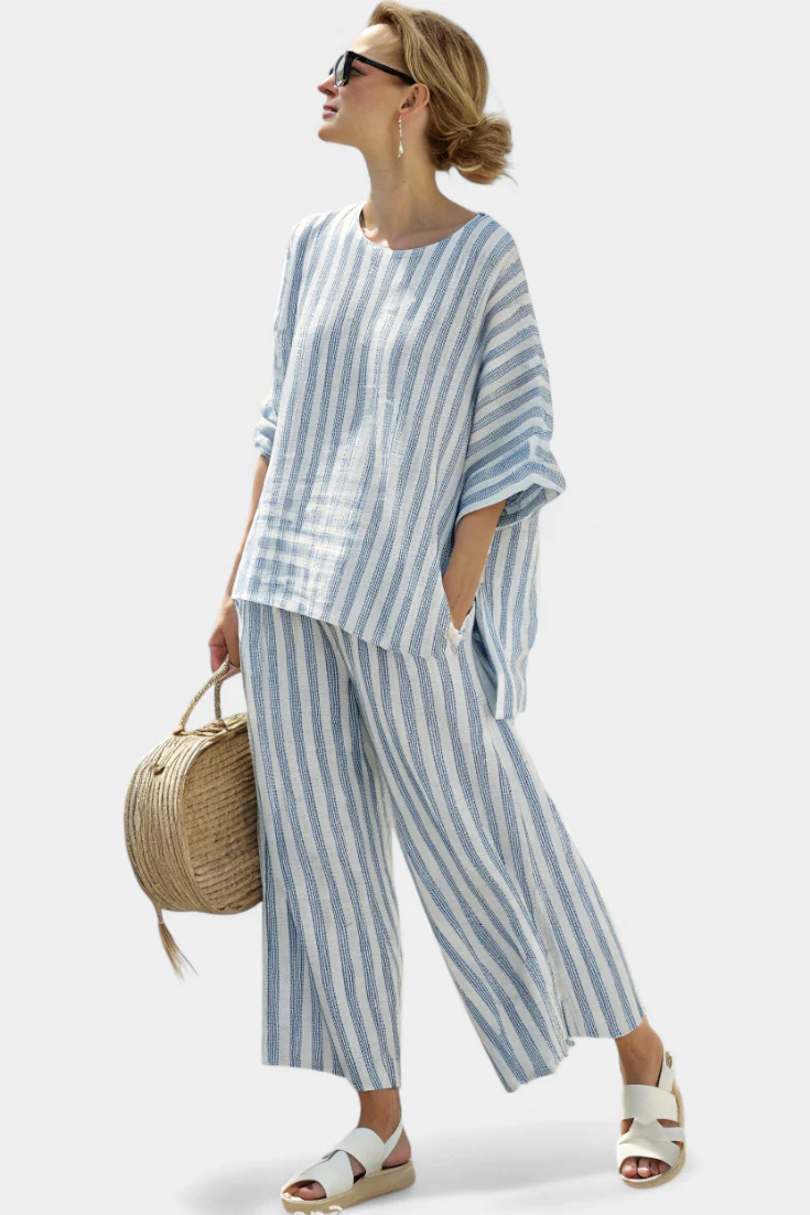 Marina | Women's Striped Casual Top & Wide Leg Pants Set - Image 4