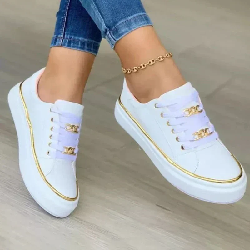 Maxine | Women's Black Platform Sneakers with Gold Chain Detail - Image 2