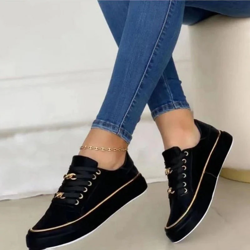 Maxine | Women's Black Platform Sneakers with Gold Chain Detail - Image 4