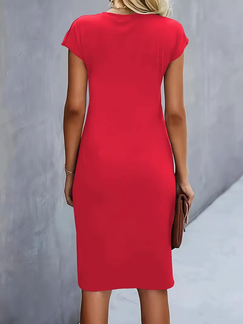 Maya | Women's Ruched Midi Dress Short Sleeve Bodycon Work Dress - Image 11