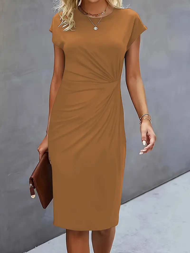 Maya | Women's Ruched Midi Dress Short Sleeve Bodycon Work Dress - Image 4