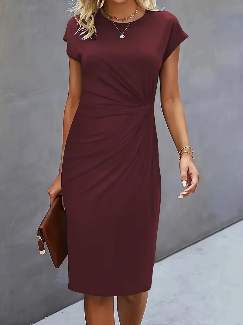 Maya | Women's Ruched Midi Dress Short Sleeve Bodycon Work Dress - Image 9