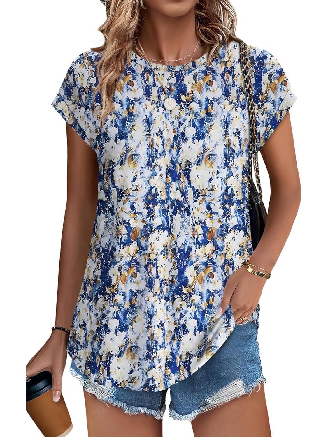 Meadow | Women's Leaf Print Crew Neck Cap Sleeve Casual Top - Image 10