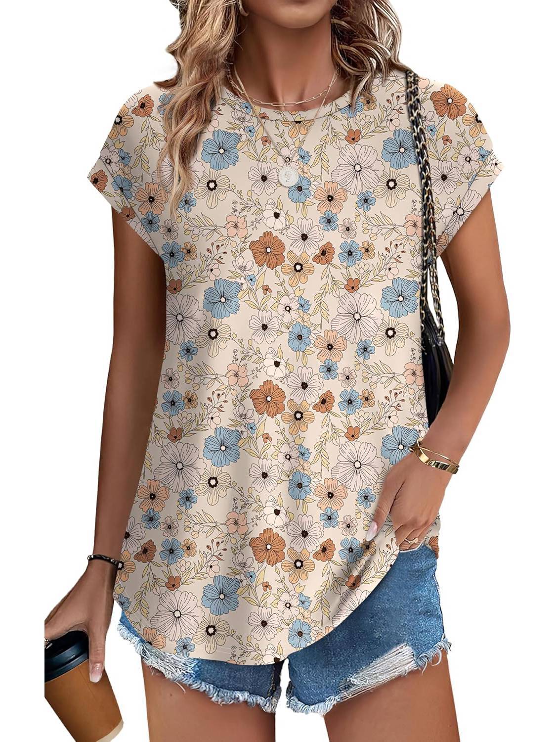 Meadow | Women's Leaf Print Crew Neck Cap Sleeve Casual Top - Image 11