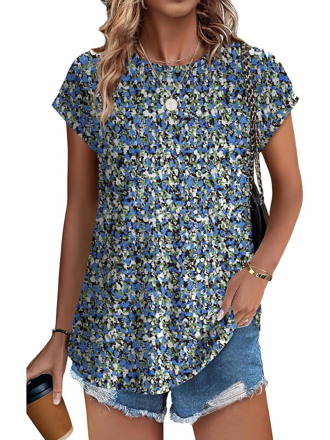 Meadow | Women's Leaf Print Crew Neck Cap Sleeve Casual Top - Image 13