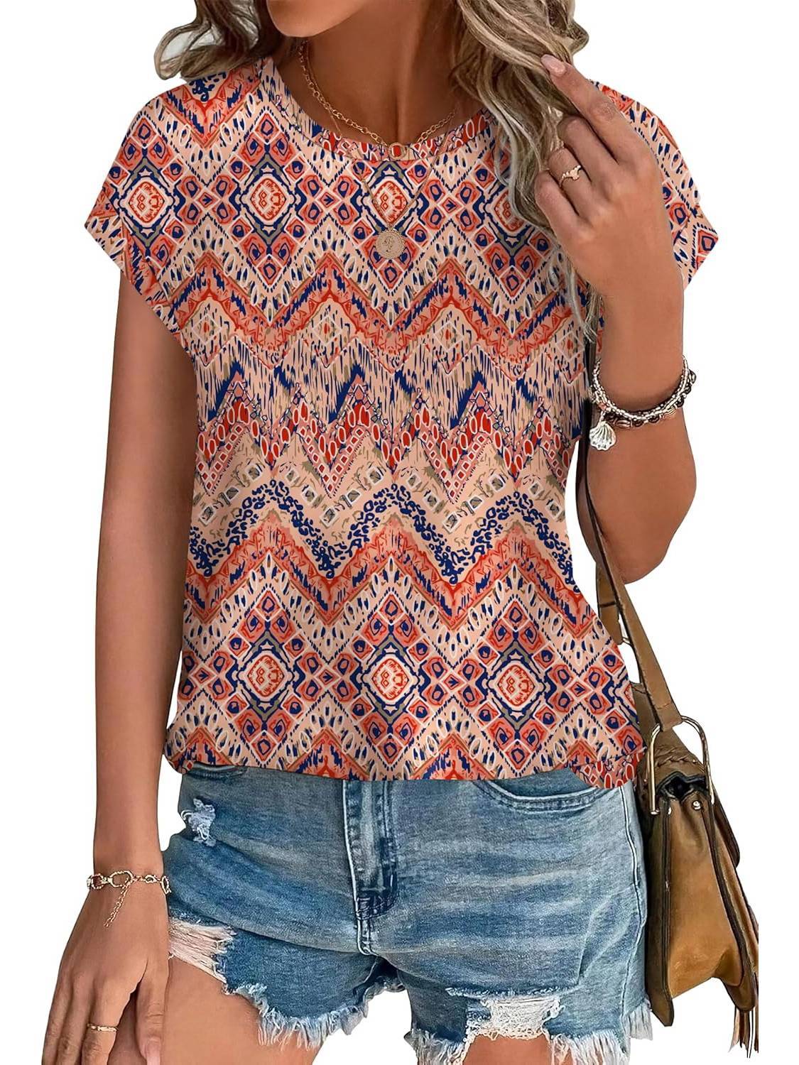 Meadow | Women's Leaf Print Crew Neck Cap Sleeve Casual Top - Image 2