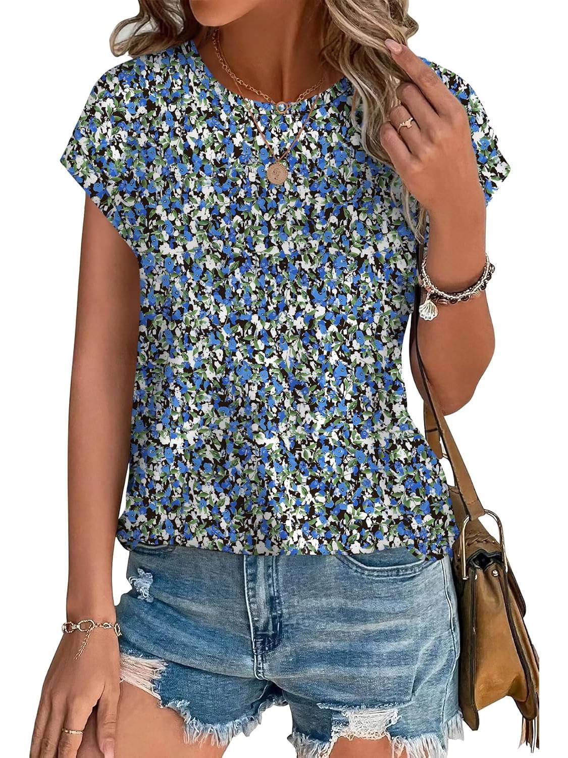 Meadow | Women's Leaf Print Crew Neck Cap Sleeve Casual Top - Image 6