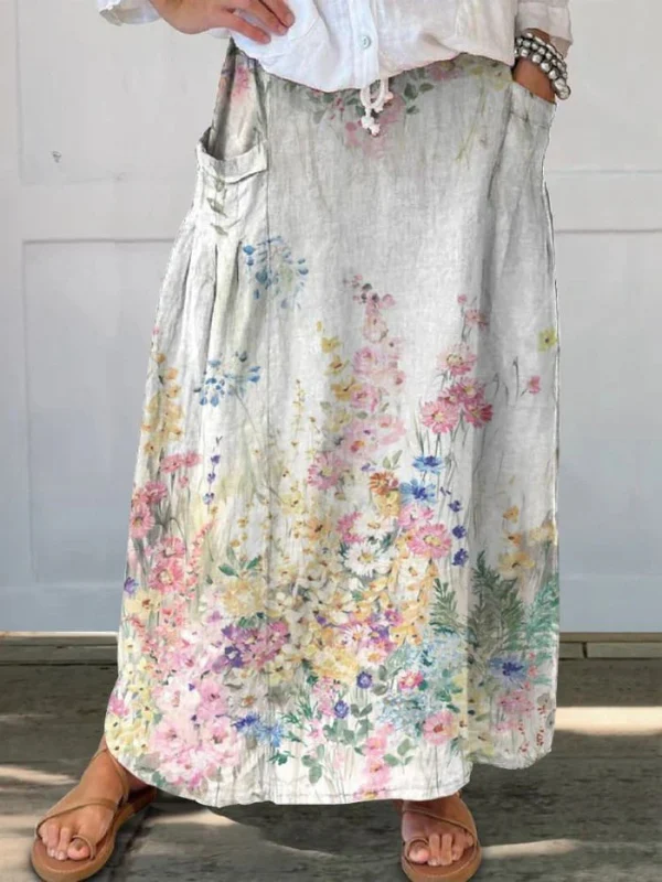 Mella™ | Retro Elegant Floral Art Elastic waistband Pocket Skirt - Image 3