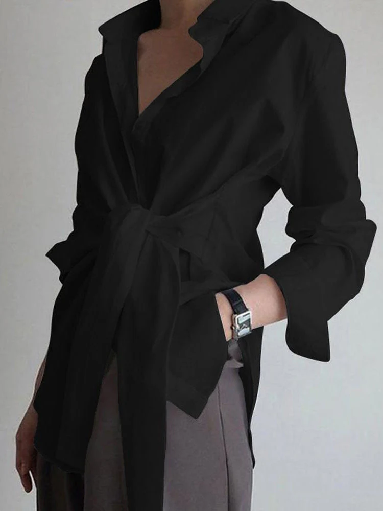 Monroe | Women's Tie Waist Button Down Long Sleeve Shirt Blouse - Image 2