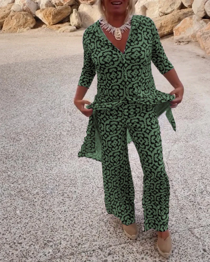 Mosa | Women's Printed Two Piece Set Longline Shirt Straight Pants - Image 10