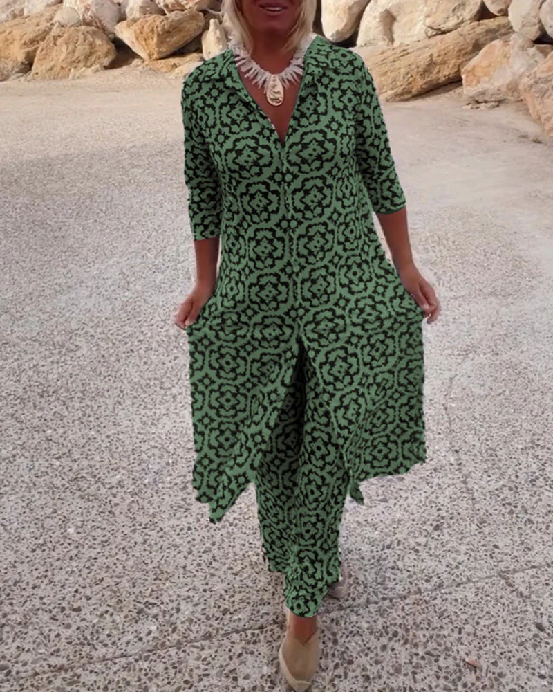 Mosa | Women's Printed Two Piece Set Longline Shirt Straight Pants - Image 2