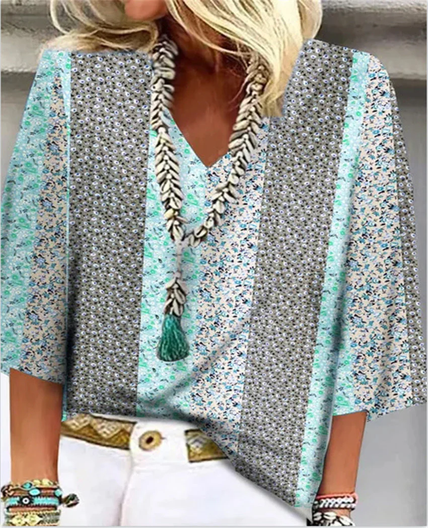 Mosaic | Women's Ditsy Floral Patchwork V-Neck 3/4 Sleeve Top - Image 2