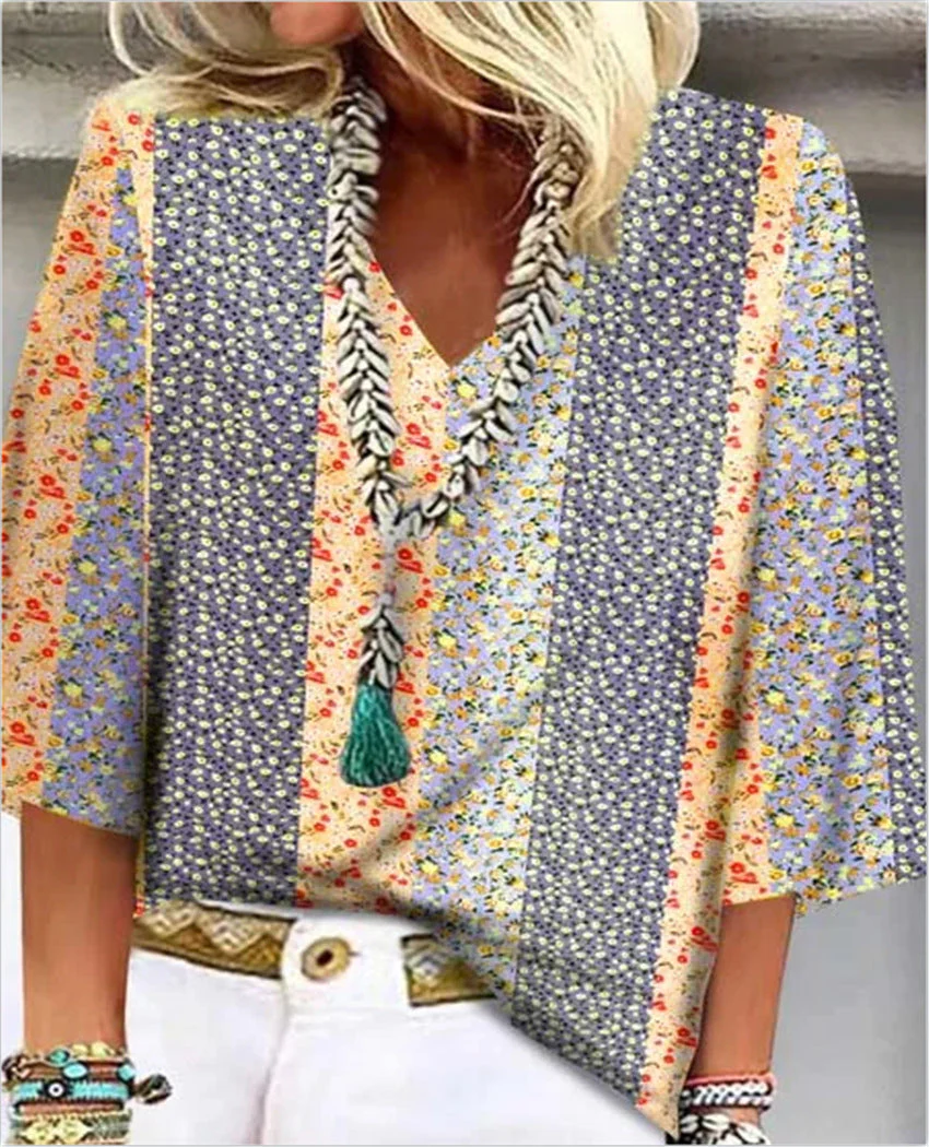 Mosaic | Women's Ditsy Floral Patchwork V-Neck 3/4 Sleeve Top - Image 3