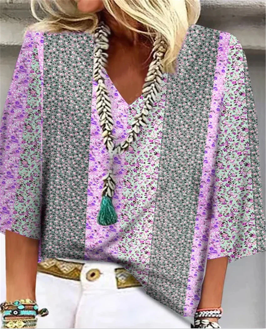 Mosaic | Women's Ditsy Floral Patchwork V-Neck 3/4 Sleeve Top - Image 4